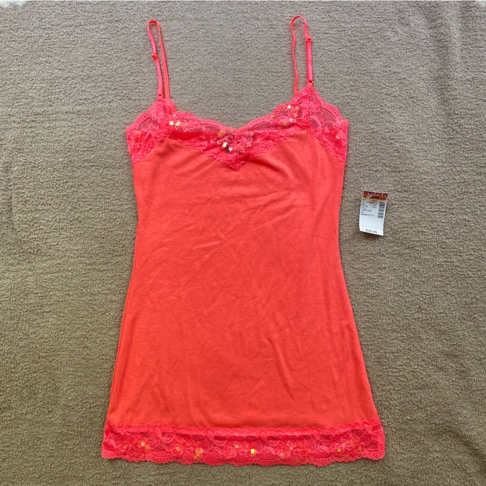 Junior’s Small Bozzolo Y2K deb Neon Coral Pink Sequin Lace Cami NWT